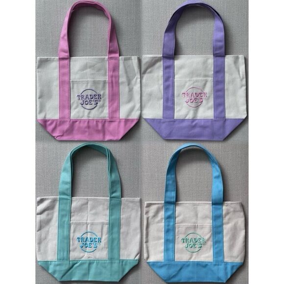 SET OF 4- TRADER JOE’S MINI PASTEL CANVAS TOTE BAGS- Pink/Purple/Green/Blue - Picture 2 of 6